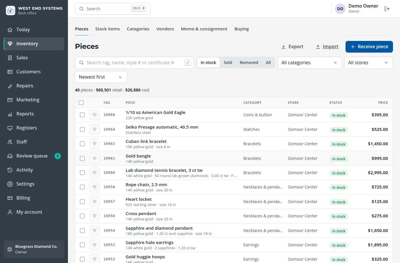 Inventory list of pieces with tags, categories, stores and prices.