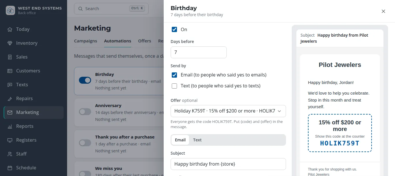 A birthday email being set up, with a preview showing an offer code.
