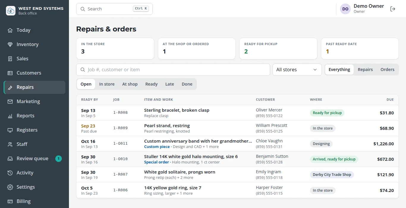 Repairs and orders list with statuses, ready dates and amounts due.